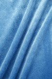 Небесно-голубой Повседневный Однотонный Пэчворк Пряжка Отложной воротник с разрезом Длинный рукав Из двух частей