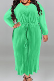 Травяной зеленый Повседневная уличная однотонная Лоскутная застежка-молния Плиссированные платья с круглым вырезом с длинным рукавом Большие размеры
