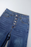 Deep Blue Casual Solid Buckle High Waist Regular Denim Jeans