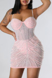 Vestidos de falda envueltos con tirantes finos de malla con retazos de perforación en caliente elegantes de celebridades rosas
