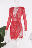Robe rouge sexy en patchwork, perçage à chaud, perles transparentes, col en V, manches longues