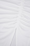 ホワイト カジュアル スイート ソリッド パッチワーク スリット フォールド V ネック イレギュラー ドレス ドレス