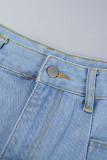 Shorts Jeans Regular Azul Casual Sólido Patchwork Cintura Alta