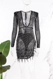 Черные сексуальные лоскутные платья с прозрачными бисером и V-образным вырезом с длинными рукавами