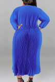 Azul casual rua sólido retalhos draw string zíper plissado o pescoço manga longa vestidos tamanhos grandes