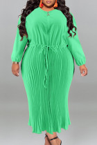 Grasgrünes, lässiges, einfarbiges, einfarbiges Patchwork-Kleid mit Kordelzug und Reißverschluss, plissiert, O-Ausschnitt, lange Ärmel, Übergröße