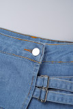 Pantalones cortos de mezclilla ajustados con cintura media de patchwork liso casual azul oscuro