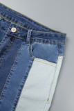 Jeans skinny azul casual patchwork contraste cintura alta (sujeito ao objeto real)