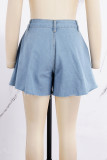 Blue Casual Solid Patchwork High Waist Regular Denim Pleated Shorts