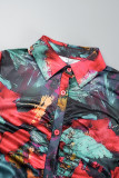 Tops de cuello de camisa de patchwork con estampado casual multicolor