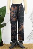 Zwarte casual tie-dye-print, normale normale broek met hoge taille, conventionele broek met volledige print