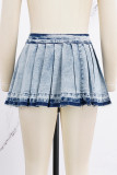 Deep Blue Casual Patchwork Pleated High Waist Regular Denim Skirts