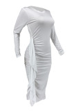 Robes décontractées blanches à manches longues et col rond en patchwork uni