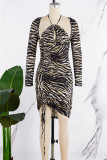 Bruine sexy casual dierenprint patchwork frenulum jurken met lange mouwen