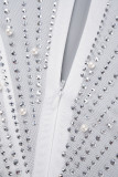 Branco sexy patchwork perfuração quente transparente miçangas decote em V vestidos de manga comprida