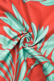 Rot-Grün, lässig, täglich, elegant, schlicht, floral, mit Gürtel, asymmetrisch bedruckt, V-Ausschnitt-Kleider