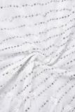 Robes blanches sexy en patchwork, perçage à chaud, perles transparentes, col en V, manches longues