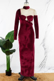 Бордовое сексуальное однотонное лоскутное вечернее платье с открытой спиной и разрезом на шее