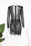 Vestidos de manga larga con cuello en V y cuentas transparentes con perforación en caliente de patchwork sexy negro