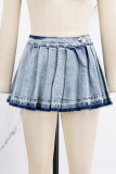 Deep Blue Casual Patchwork Pleated High Waist Regular Denim Pleated Mini Skirts