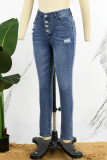 Tiefblaue, lässige, einfarbige, zerrissene, knöpfbare Skinny-Denim-Jeans mit hoher Taille