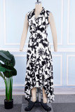 Schwarz-weiße, lässige, tägliche, elegante, schlichte Blumenkleider mit asymmetrischem Druck und Gürtel und V-Ausschnitt