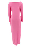 Розовые повседневные однотонные базовые платья с V-образным вырезом и длинными рукавами