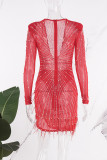 Розово-красные сексуальные лоскутные платья с прозрачными бисером и V-образным вырезом с длинными рукавами
