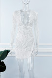Wit sexy patchwork heet boren doorzichtige kralen V-hals jurken met lange mouwen