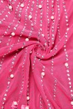 Rosa vermelha sexy patchwork perfuração quente transparente miçangas decote em v vestidos de manga comprida