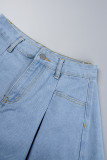 Blå Casual Solid Patchwork Vanliga jeansshorts med hög midja