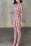 Roze sexy print patchwork doorzichtige halve col skinny jumpsuits