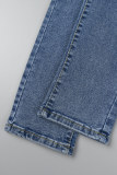 Темно-синие повседневные однотонные джинсы скинни с рваными пуговицами и высокой талией