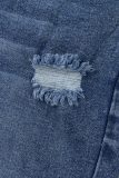 Azul profundo casual sólido rasgado botões cintura alta jeans skinny