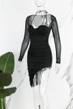 Zwarte sexy effen patchwork asymmetrische jurken met vierkante kraag en lange mouwen