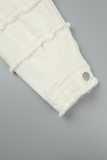 Apricot Casual Solid Patchwork Turndown Collar Long Sleeve Regular Raw Hem Denim Jacket