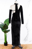 Черное сексуальное однотонное лоскутное вечернее платье с открытой спиной и разрезом на шее