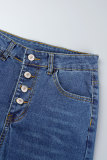 Jeans in denim regolari a vita alta con fibbia solida casual blu scuro