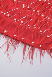 Rose rouge Sexy Patchwork forage chaud transparent perles col en V robes à manches longues
