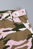 Rosafarbene, lässige Patchwork-Hose mit Camouflage-Print, normaler, hoher Taille und herkömmlichem Volldruck
