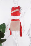 Red Sexy Casual Elegant Vacation Patchwork See-through Asymmetrical Sleeveless Two Pieces