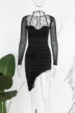 Schwarze sexy solide Patchwork-Kleider mit asymmetrischem quadratischem Kragen und langen Ärmeln