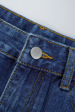 Темно-синие повседневные однотонные рваные джинсовые шорты с высокой талией