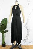 Black Casual Solid Hollowed Out Asymmetrical O Neck Pleated Dresses