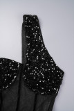 Schwarze, sexy Patchwork-Pailletten, durchsichtige, rückenfreie, ärmellose Kleider mit schrägem Kragen