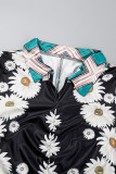Vestidos de gola assimétrica colorida casual diário floral com fenda estampada em contraste (contém turbante)