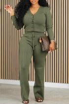 Verde militar casual sólido patchwork cordão fivela decote em V manga comprida duas peças