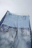 Blue Casual Patchwork Contrast High Waist Denim Jeans