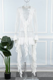 White Casual Solid Tassel See-through V Neck Wrapped Skirt Dresses
