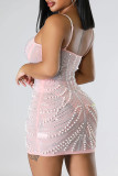 Celebridades rosa elegantes perfurações quentes patchwork miçangas malha alça espaguete vestidos de saia enrolada